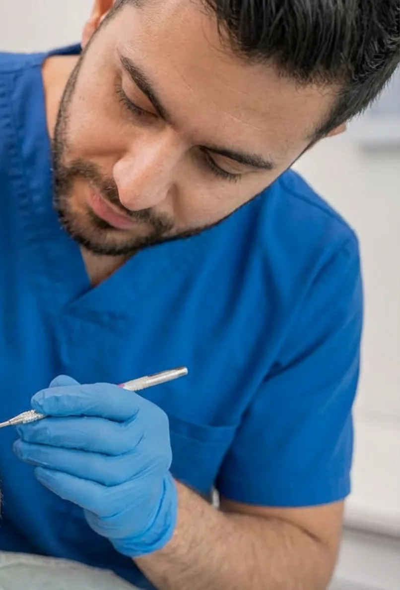 Odontólogo con guantes azules trabajando con cuidado