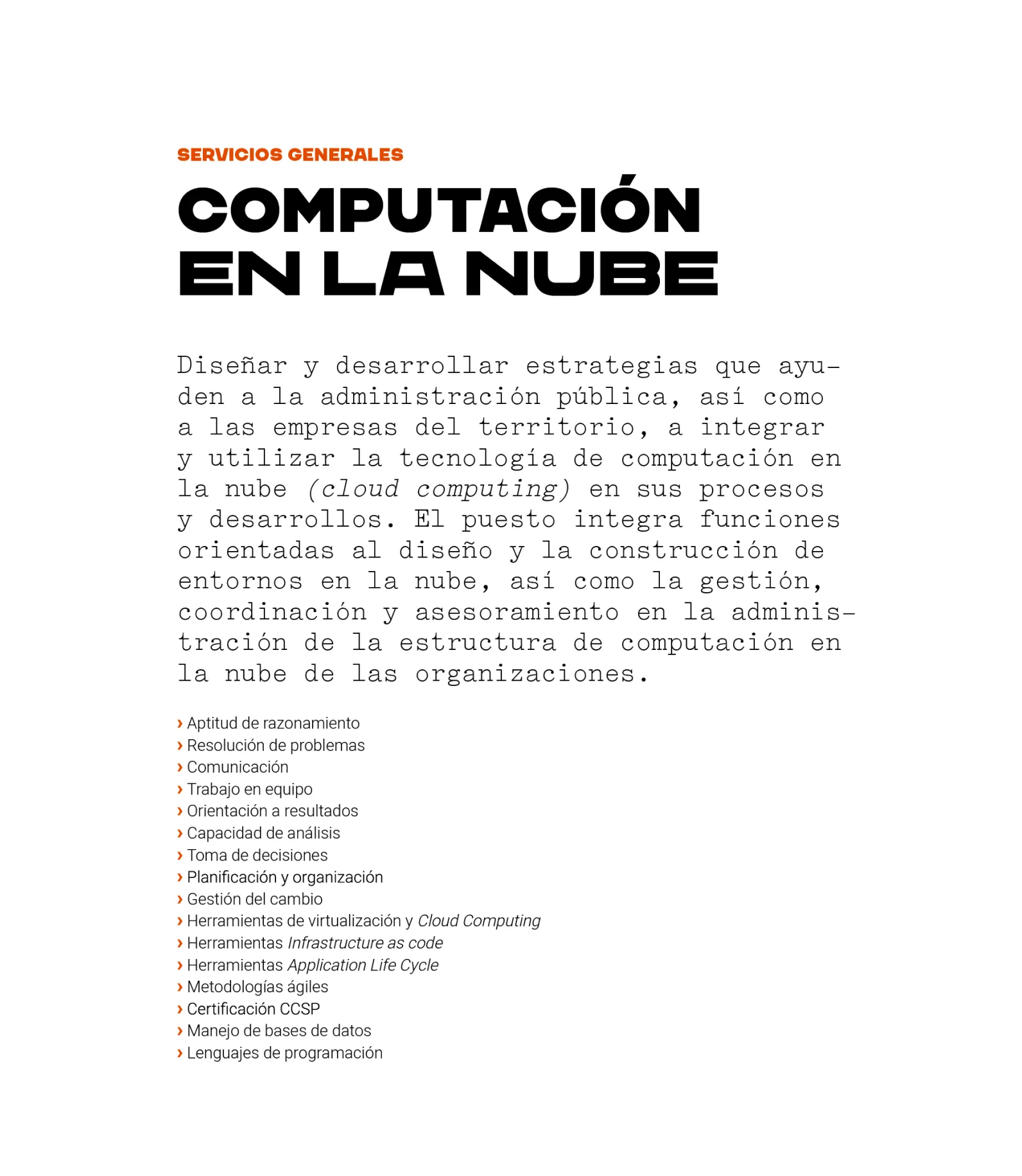 Puesto del área de servicios generales: computación en la nube